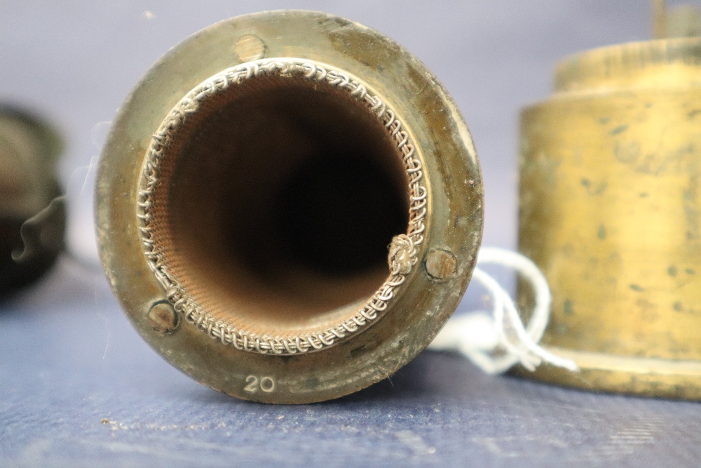 A 19th century brass Davy lamp, with an arched top and gauze shield on a screwed on brass base, 24. - Image 11 of 12