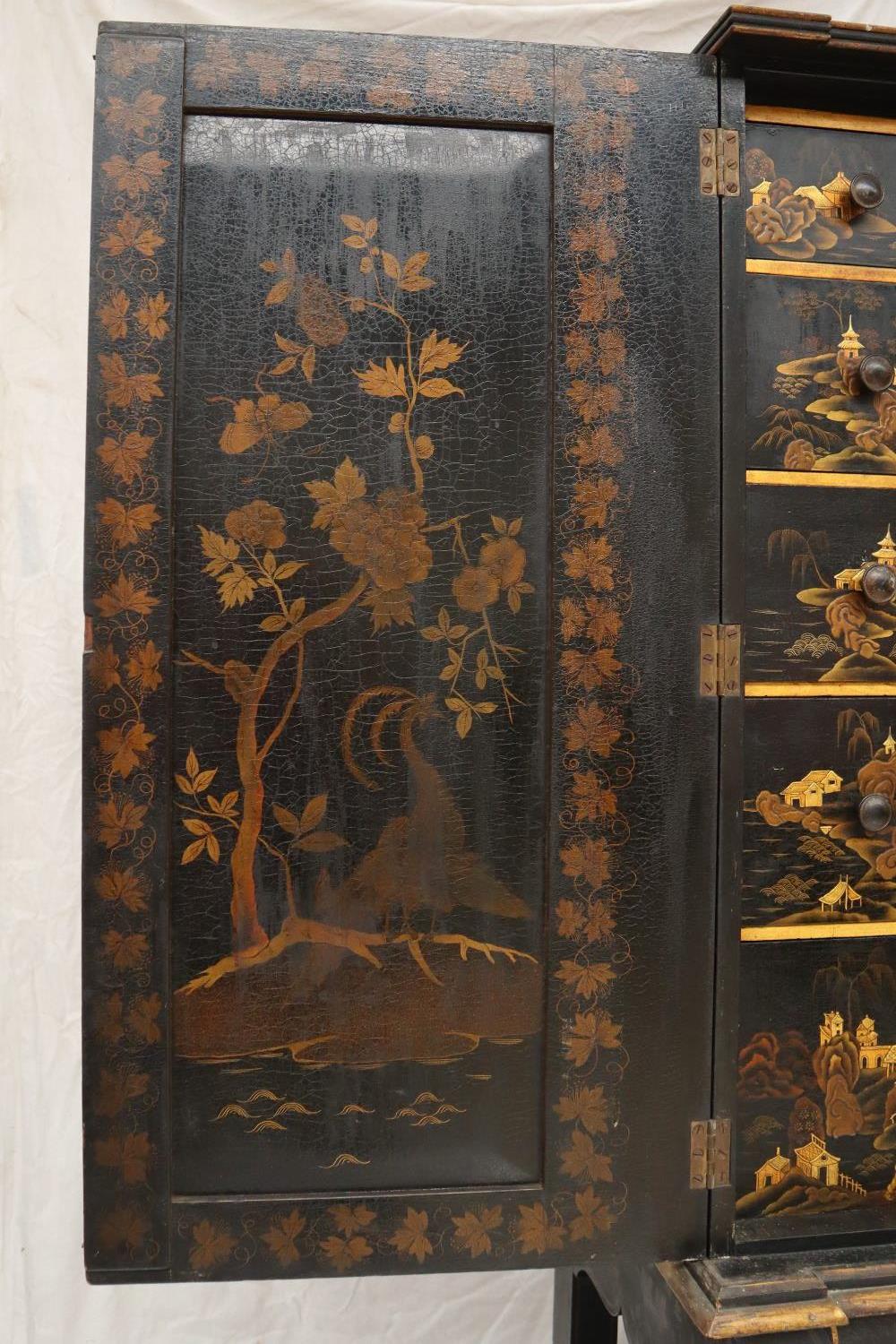 A 19th century Japanned cabinet on stand with Chinoiserie decoration of dignitaries in a landscape, - Image 7 of 12