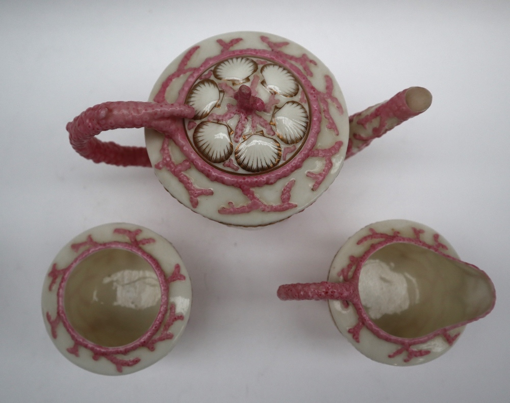 A Victorian Belleek shell and coral bachelor part tea set comprising a tea pot, cream jug, - Image 6 of 11