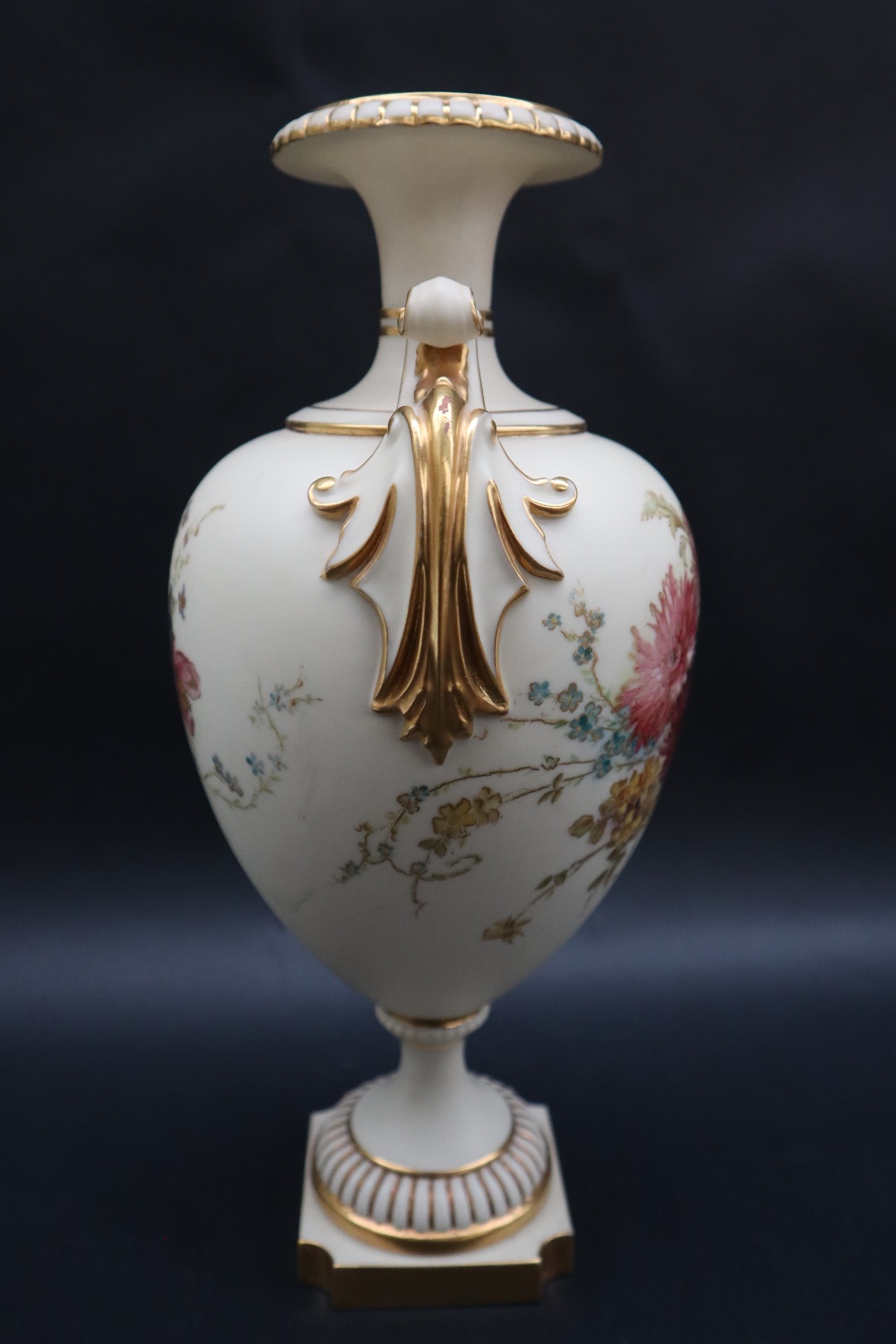 A large Royal Worcester twin handled vase with a flared rim and scrolling handles, - Image 4 of 7