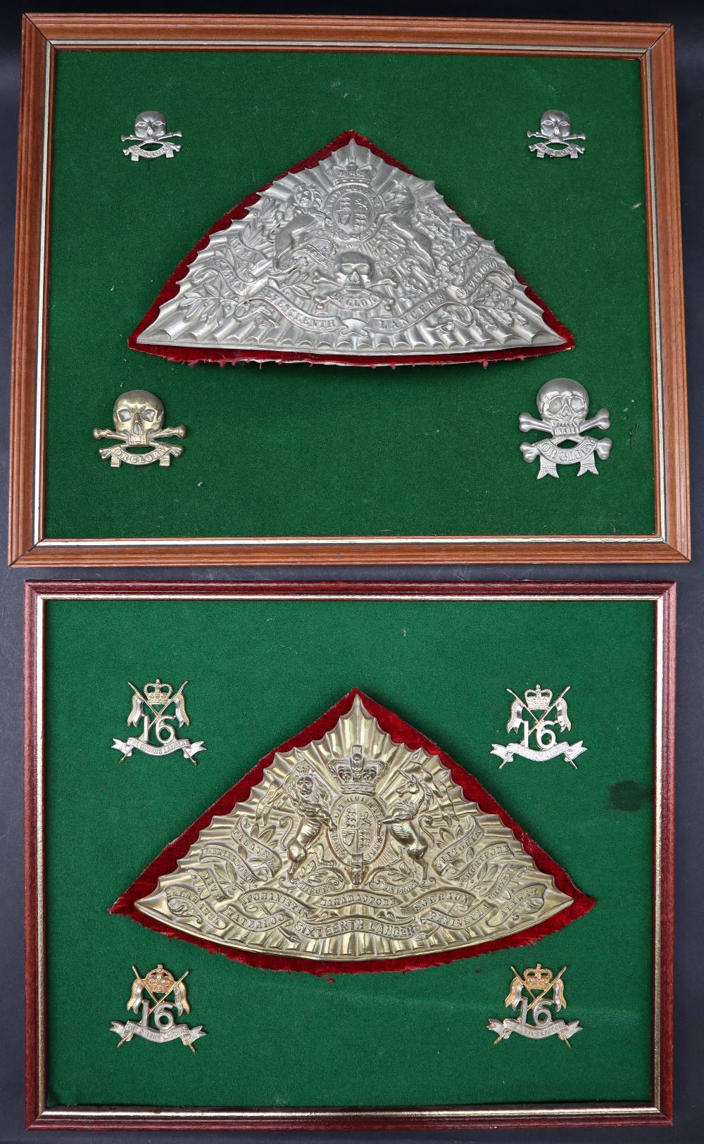 A reproduction 17th Lancers Lance Cap plate mounted with Or Glory cap badges together with a