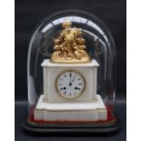 A 19th century white marble clock with a gilt metal surmount of a boy feeding chicken whilst seated