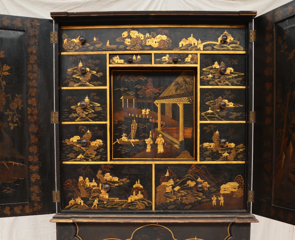 A 19th century Japanned cabinet on stand with Chinoiserie decoration of dignitaries in a landscape, - Image 6 of 12