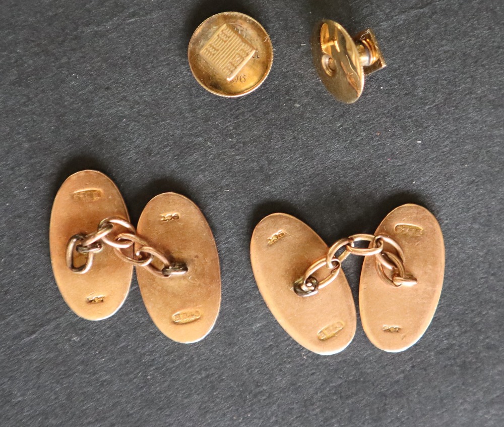 A pair of 9ct gold cufflinks of oval form, initialled together with a pair of 9ct gold shirt studs, - Image 2 of 3