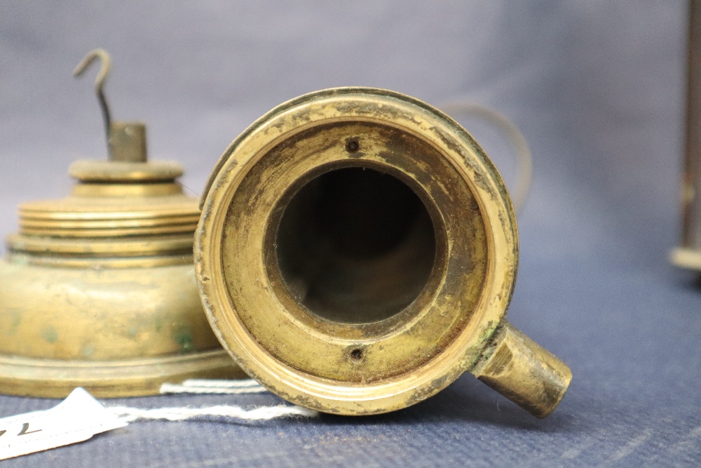 A 19th century brass Davy lamp, with an arched top and gauze shield on a screwed on brass base, 24. - Image 10 of 12