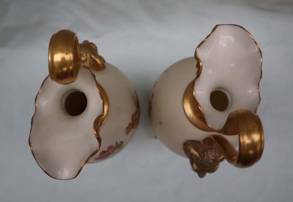 A pair of Royal Worcester porcelain ewers with wavy spout, mask terminal handles, - Image 9 of 10