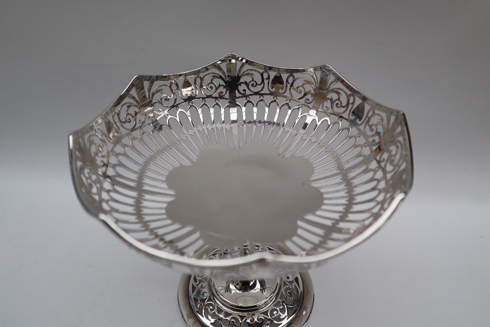 A George V silver pedestal bowl with a pierced pointed circular bowl on a ring turned column and - Image 2 of 6