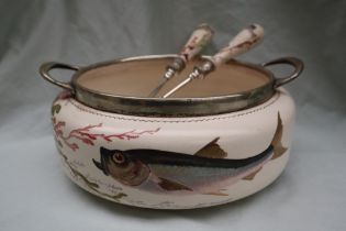 A Doulton pottery and electroplated twin handled salad bowl and servers decorated with fish and