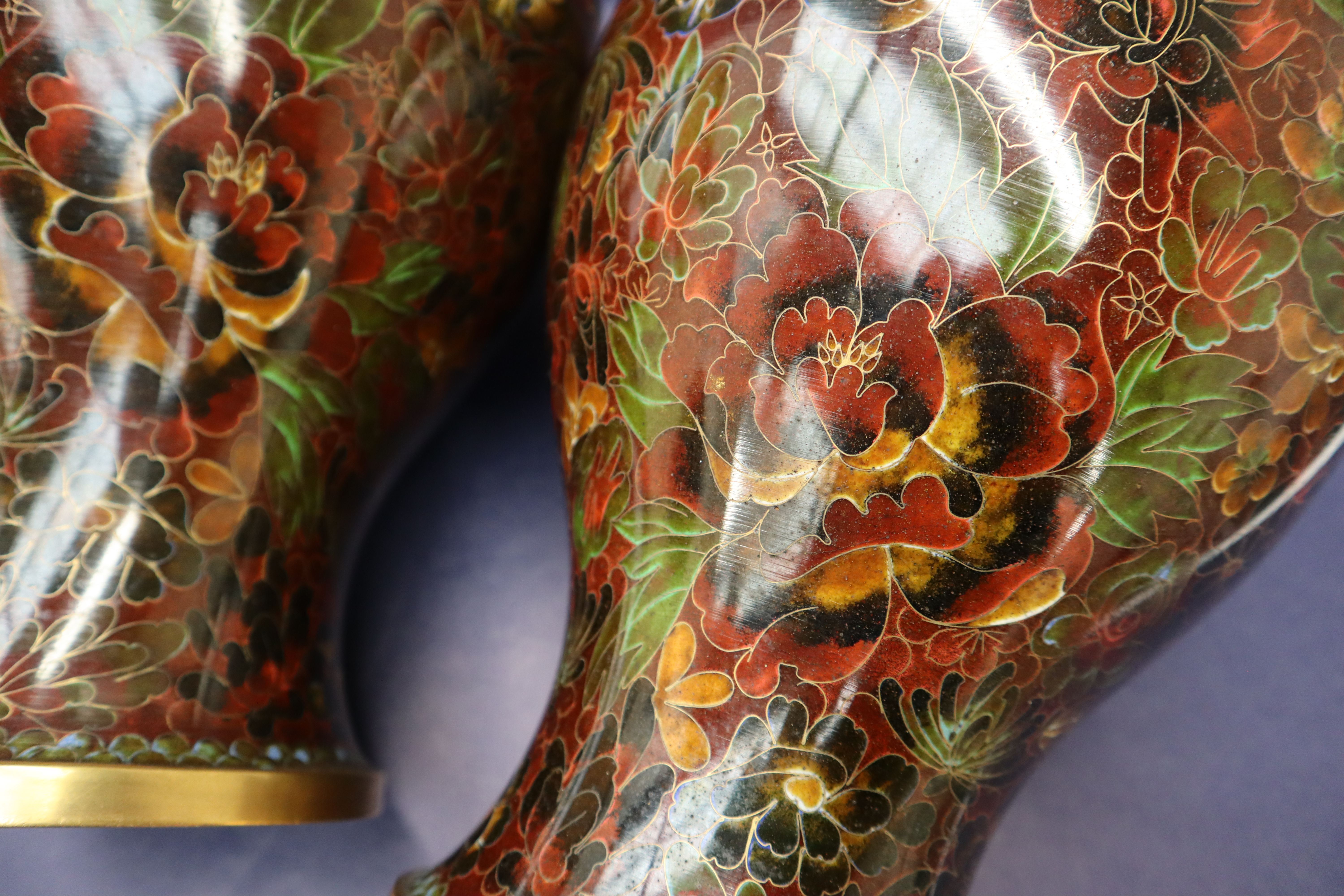 A pair of Japanese cloisonne baluster vases, decorated with flowers and leaves to a brown ground, - Image 3 of 10