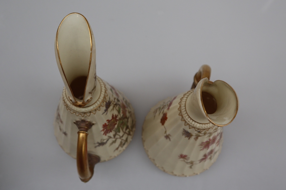 A pair of Royal Worcester porcelain ewers decorated with flowers and leaves number 1361 together - Image 4 of 11