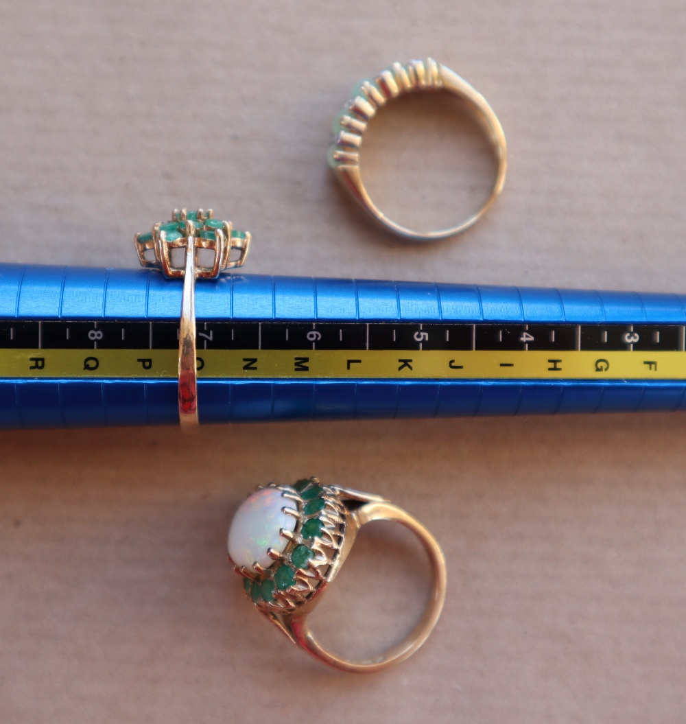 A 9ct gold emerald and opal ring size M 1/2 together with a 9ct gold emerald cluster ring size O - Image 3 of 5