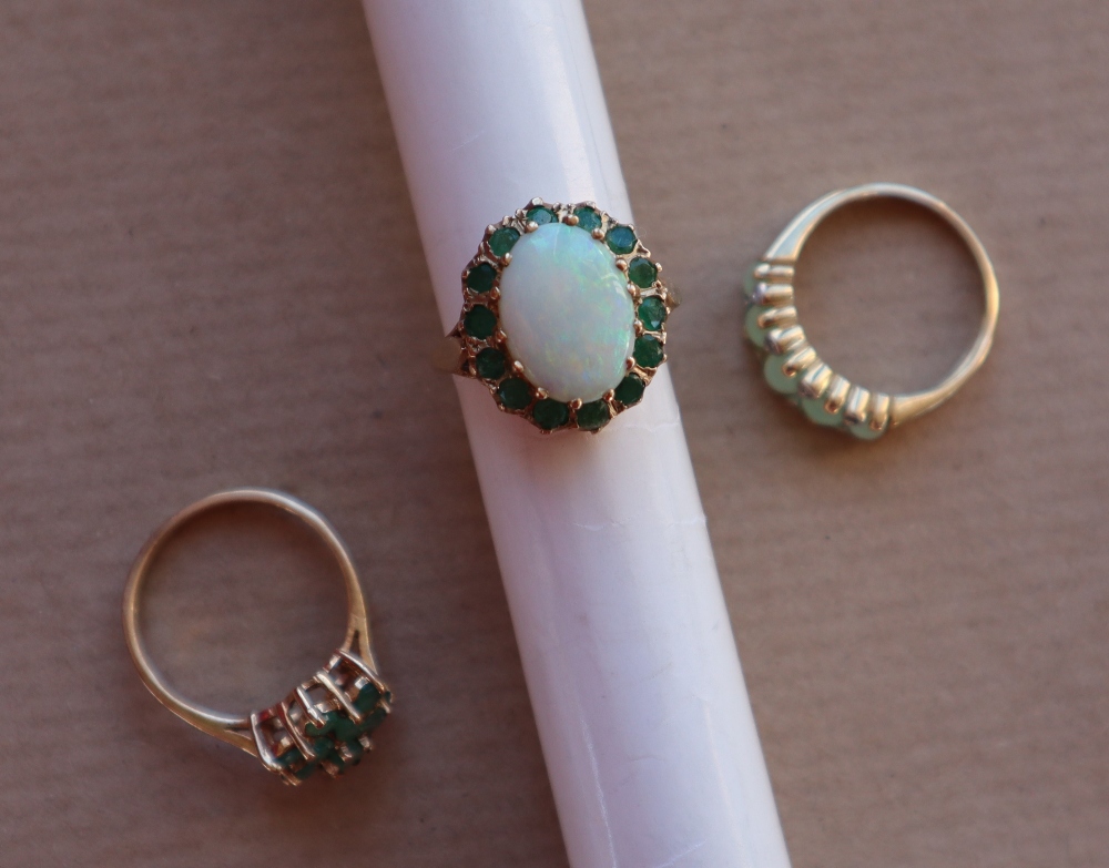 A 9ct gold emerald and opal ring size M 1/2 together with a 9ct gold emerald cluster ring size O - Image 2 of 5