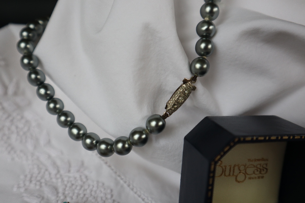 A pearl three strand necklace together with a pair of pearl earrings, marcasite jewellery, - Image 4 of 6