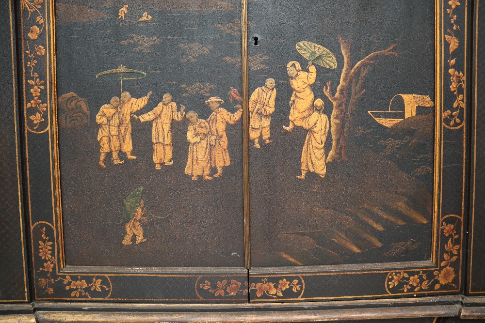 A 19th century Japanned cabinet on stand with Chinoiserie decoration of dignitaries in a landscape, - Image 2 of 12