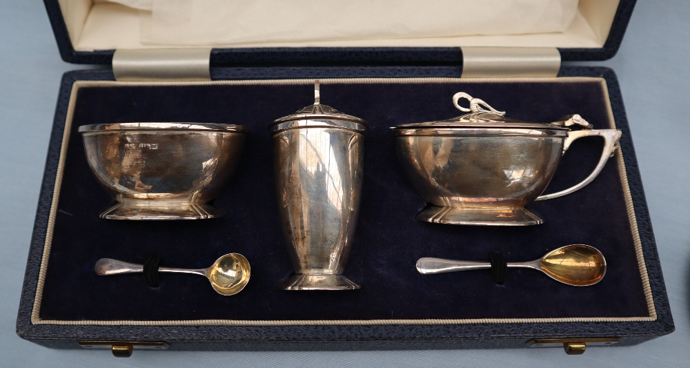 An Elizabeth II silver cruet set, comprising a mustard pot, open table salt and pepperette, - Image 2 of 4