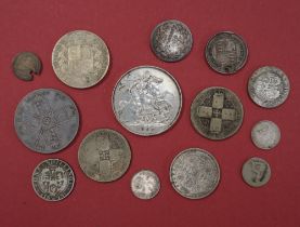 A Victorian silver crown dated 1893 together with a collection of Victorian silver coins
