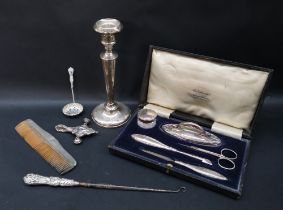 A George V silver manicure set, including a nail buffer, scissors, nail file etc,