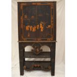 A 19th century Japanned cabinet on stand with Chinoiserie decoration of dignitaries in a landscape,