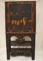 A 19th century Japanned cabinet on stand with Chinoiserie decoration of dignitaries in a landscape,