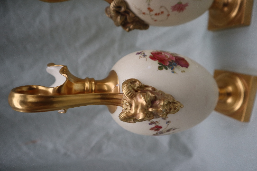 A pair of Royal Worcester porcelain ewers with wavy spout, mask terminal handles, - Image 3 of 10