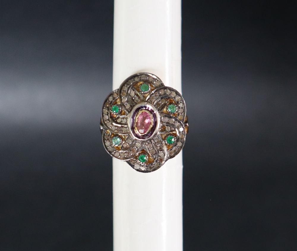 A tourmaline, emerald and diamond dress ring set with a central pink tourmaline, - Image 2 of 6