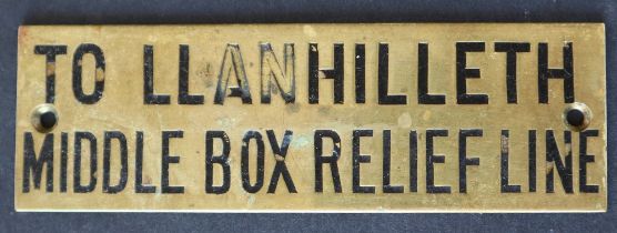 Railwayana - A brass signal box shelfplate "TO LLANHILLETH MIDDLE BOX RELIEF LINE", 12 x 3.