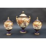 A Royal Crown Derby garniture of three vases with domed covers the body decorated with flower heads