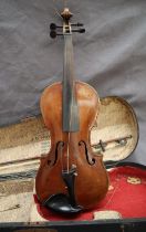 A Violin with two piece back and ebony stringing, overall 58.5cm long, back not including button 35.