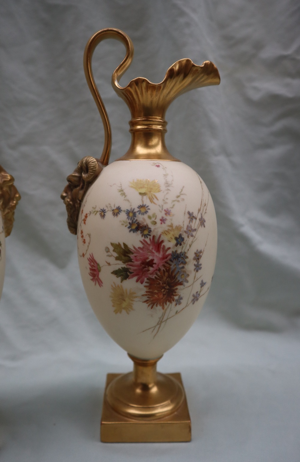 A pair of Royal Worcester porcelain ewers with wavy spout, mask terminal handles, - Image 6 of 10