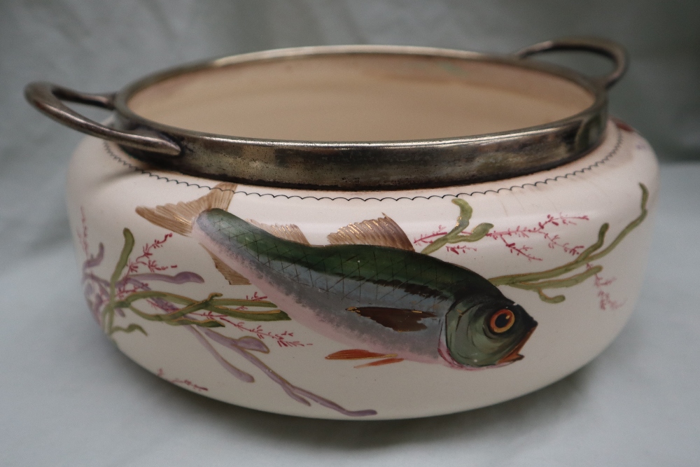 A Doulton pottery and electroplated twin handled salad bowl and servers decorated with fish and - Image 4 of 8