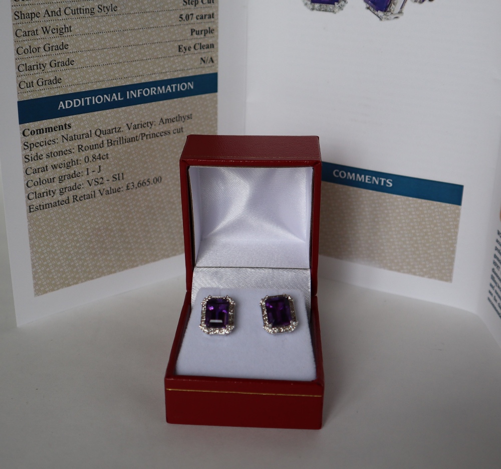 A pair of amethyst and diamond earrings each set with a step cut amethyst surrounded by twenty two - Image 3 of 6
