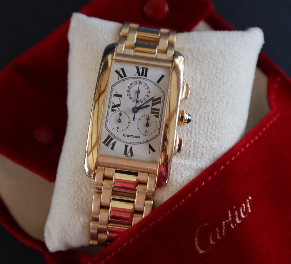 Cartier - An 18K gold quartz Tank Américaine calendar chronograph bracelet watch, Reference, 1730,