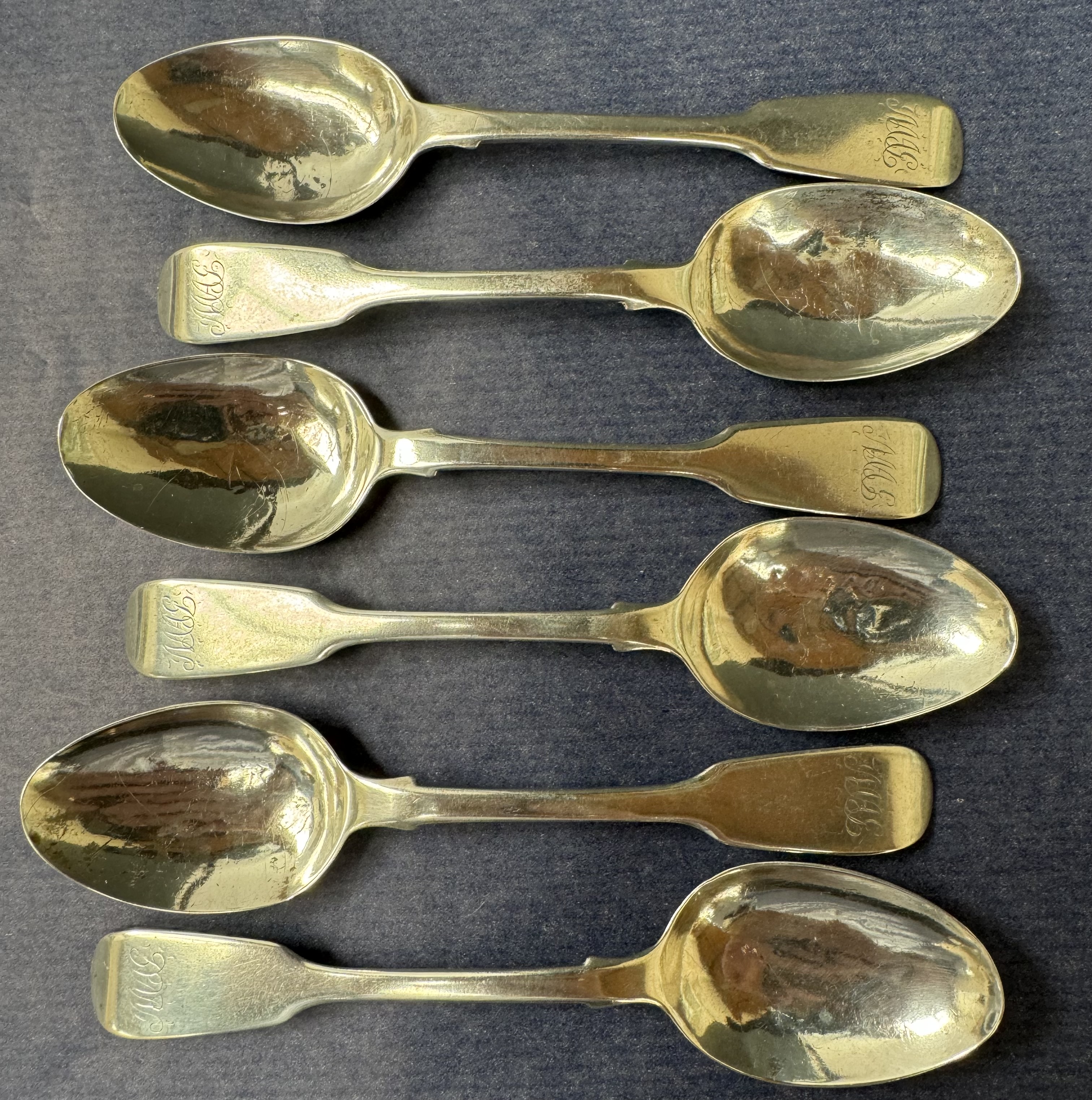 A set of six George III silver fiddle pattern teaspoons, London, 1794, Walter Brind,