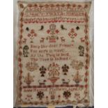 A William IV needlework sampler with the alphabet to the top, trees, dogs and other animals,