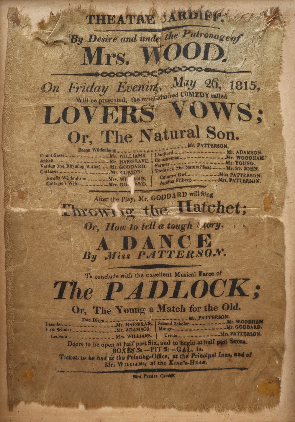 A Cardiff Theatre silk programme for an event held on 26/5/1815 by desire and under the patronage - Image 2 of 4