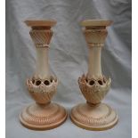 A pair of Royal Worcester porcelain candlesticks with a flared sconce and tapering column with a