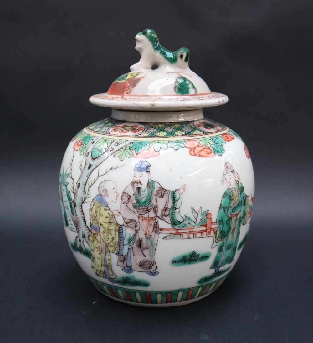 A Chinese Famille Verte porcelain vase and cover, the domed cover with a dog of foo finial, - Image 2 of 11