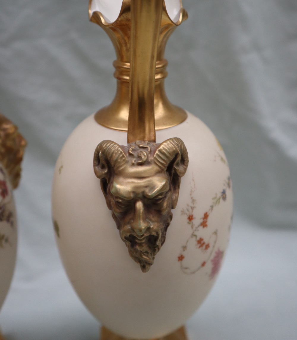 A pair of Royal Worcester porcelain ewers with wavy spout, mask terminal handles, - Image 7 of 10