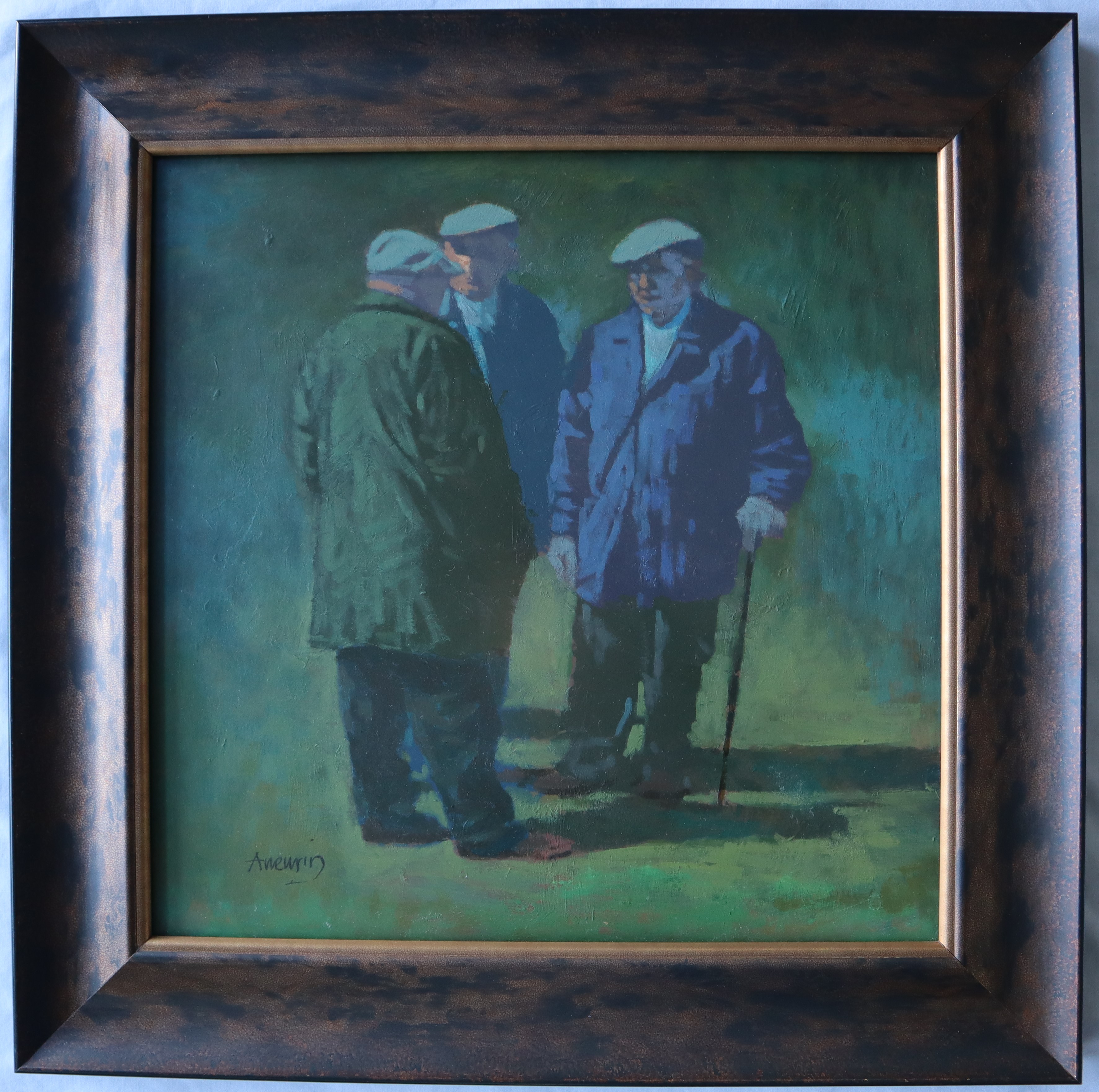 Aneurin Jones Three Farmers Oil on board Signed 42 x 42cm Together with a signed Aneurin book - Image 2 of 7