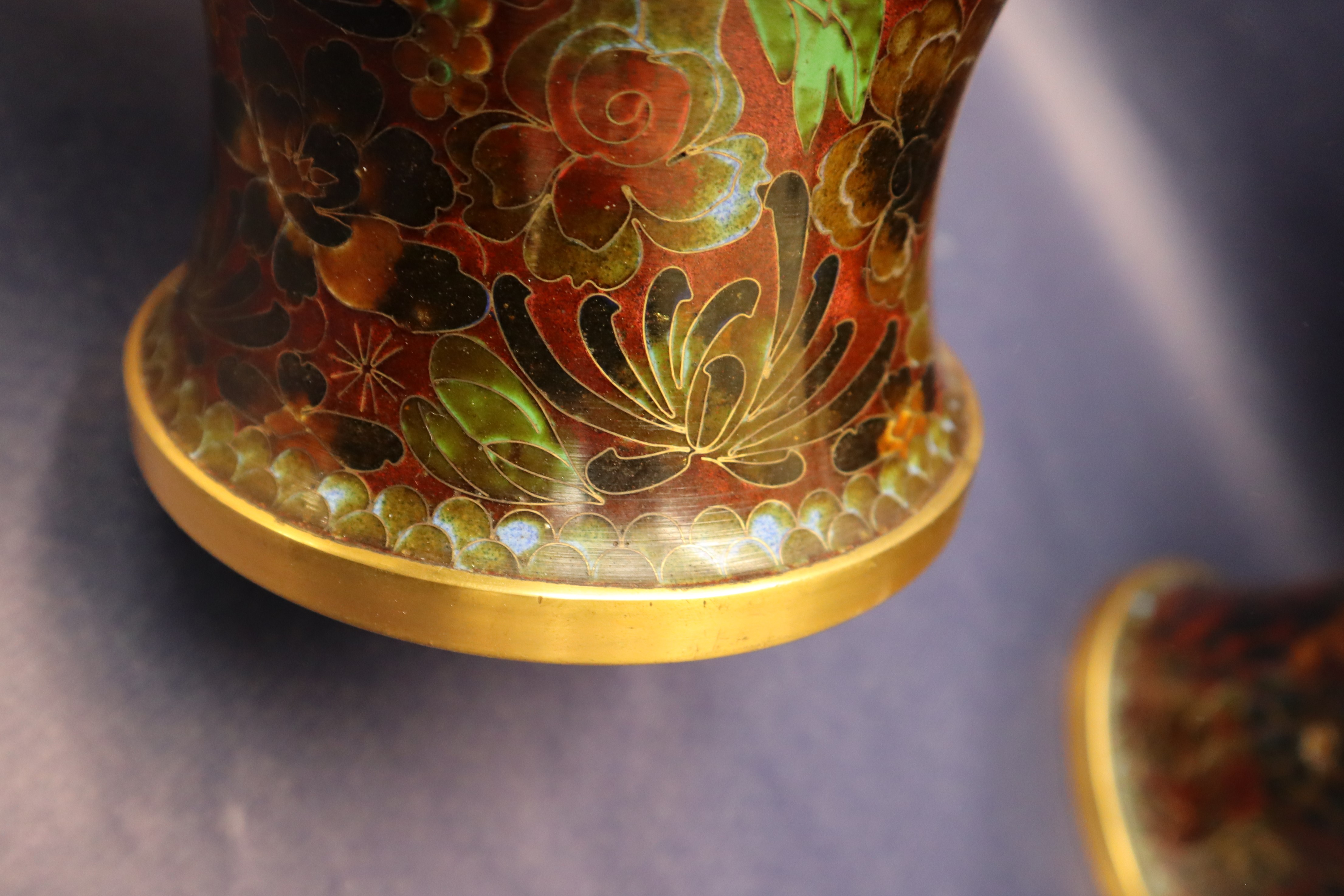 A pair of Japanese cloisonne baluster vases, decorated with flowers and leaves to a brown ground, - Image 4 of 10