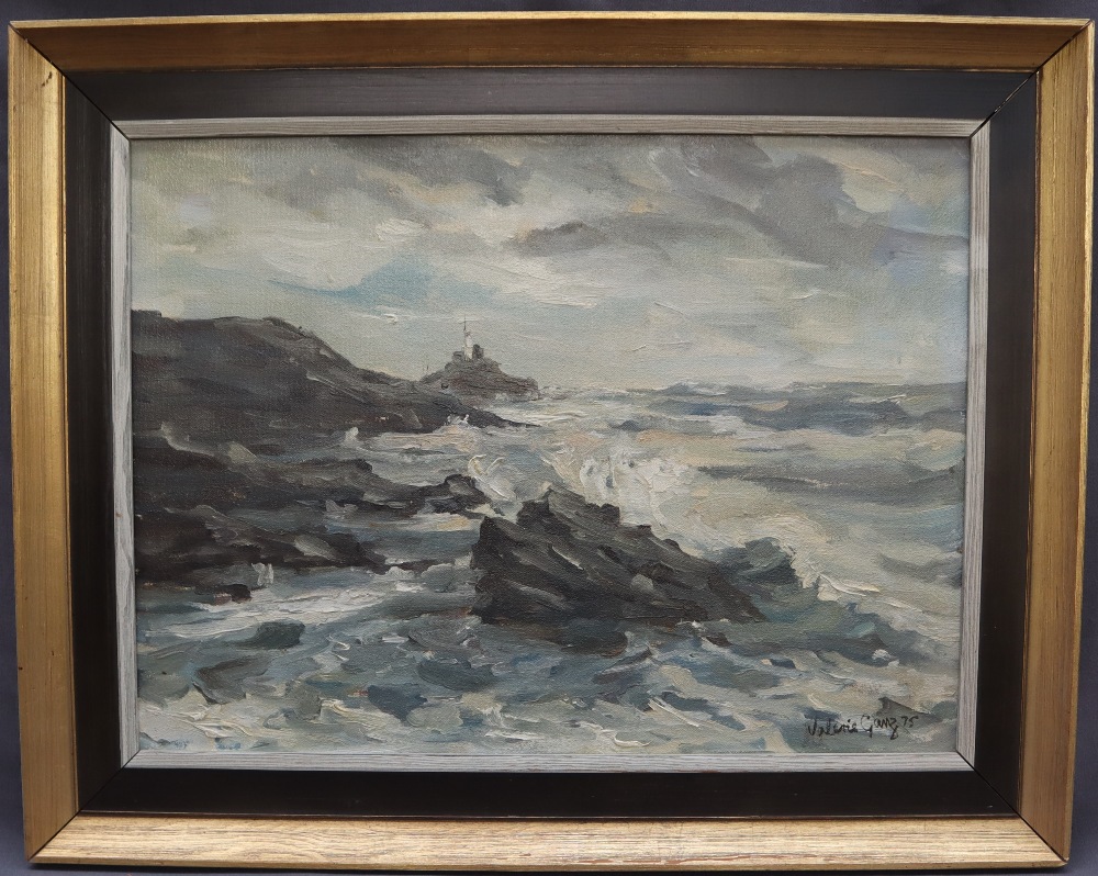 Valerie Ganz Mumbles Lighthouse with a choppy sea in the foreground Oil on canvas Signed and dated - Image 2 of 5