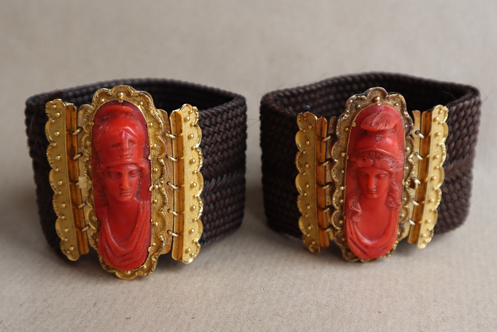 A pair of Victorian yellow metal, carved coral and plaited hair mourning bracelets, - Image 3 of 6