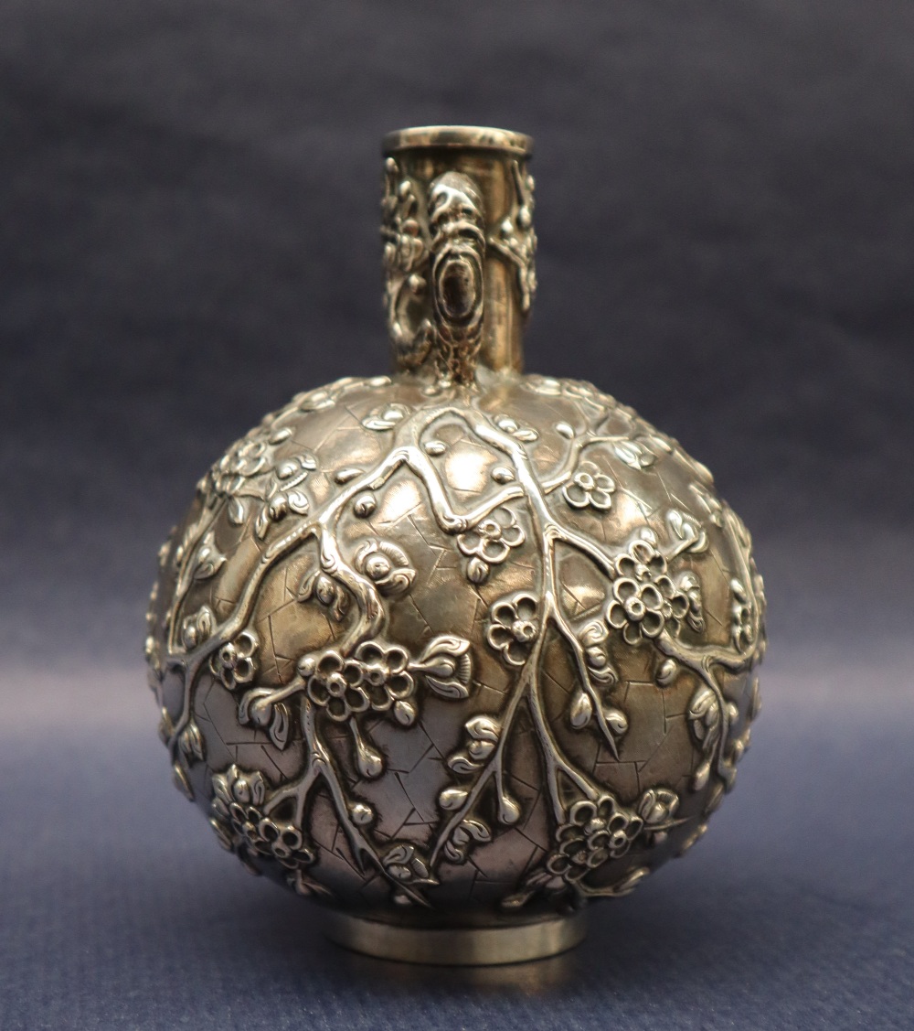 A Chinese white metal twin handled vase decorated with prunus blossom, marked to the base, - Image 5 of 7