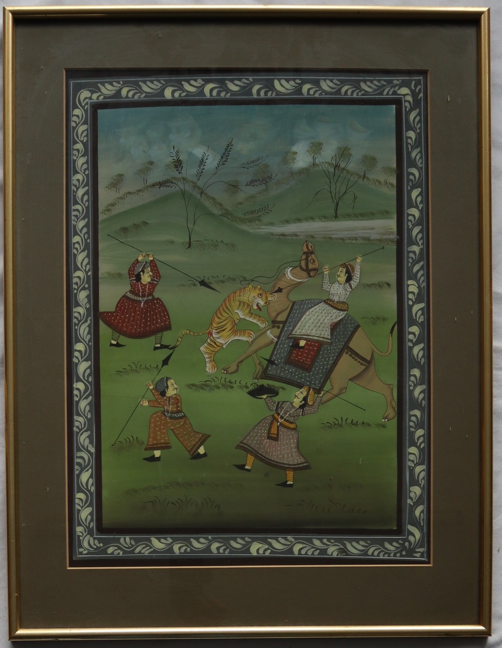 20th century Indian School A tiger attacking a camel and hunters Watercolour 49 x 36cm - Image 3 of 4