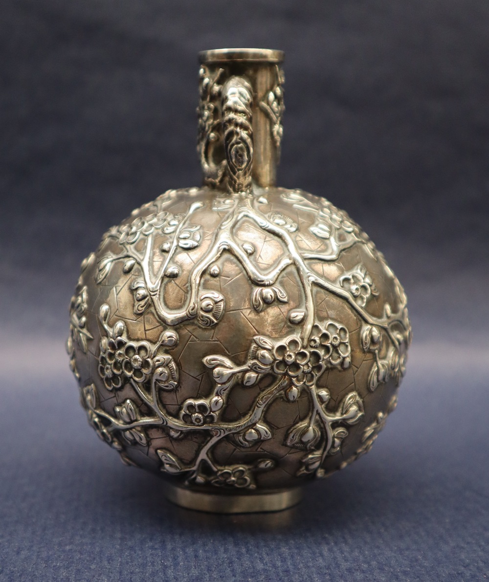 A Chinese white metal twin handled vase decorated with prunus blossom, marked to the base, - Image 2 of 7
