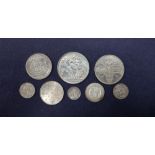 A collection of Victorian Golden Jubilee silver coins dated 1887, including a crown, double florin,