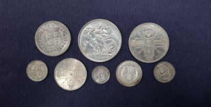A collection of Victorian Golden Jubilee silver coins dated 1887, including a crown, double florin,