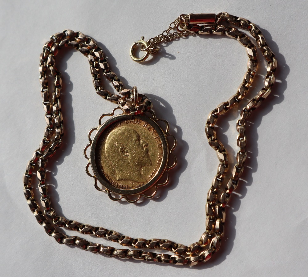 An Edward VII gold half sovereign dated 1902 in a 9ct gold slip mount on a 9ct gold chain, - Image 2 of 3