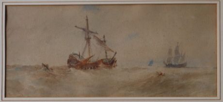 In the style of T B Hardy Boats on a choppy sea Watercolour Bears a signature 19 x 45cm