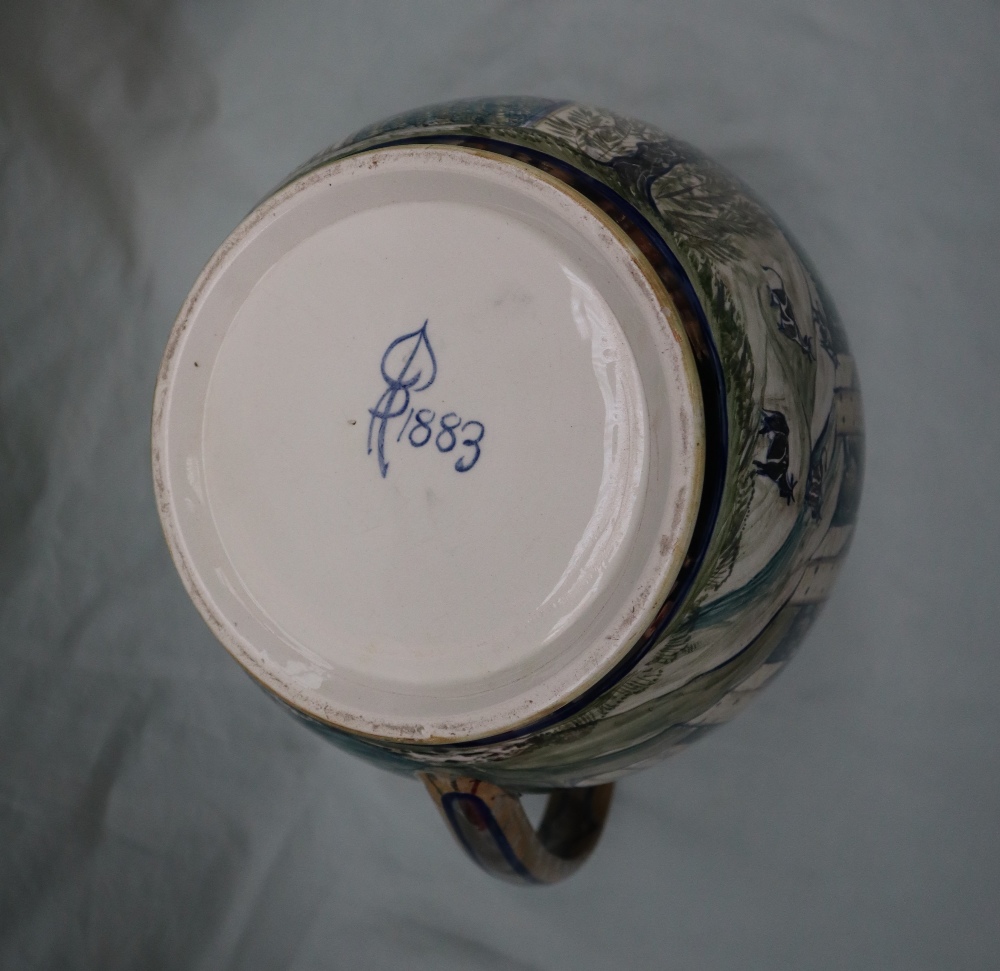 A 19th Century pottery jug decorated with a viaduct, trees and cattle with silver lustre highlights, - Image 7 of 8